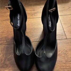 Unique Vintage Black Heels with Ankle Strap and Rounded Toe